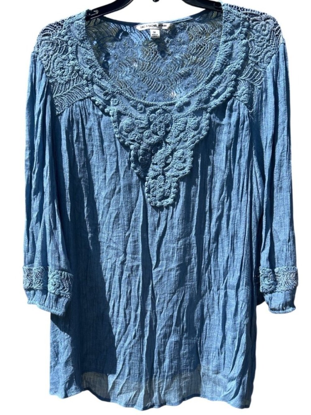 Zac & Rachel Woman 3X Blue Crochet Lace Tunic Top 3/4th Sleeve Lightweight Boho